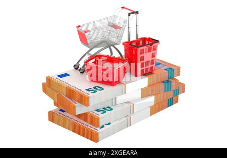 Carrello della spesa, cestino rotante e carrello della spesa in plastica sugli euro pack, rendering 3D isolato su sfondo bianco Foto Stock