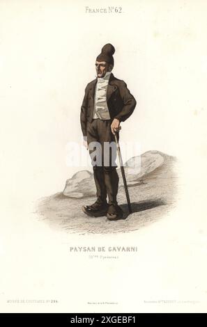 Contadino di Gavarnie, ora Gavarnie-Gèdre, Pirenei francesi. In berretto, giacca, gilet, pantaloni, ghette e zoccoli neri, con cudgel. Paysan de Gavarni, Hautes Pyrenees. Incisione in acciaio colorato a mano dal Musée Cosmopolite, Musée de Costumes, Cosmopolitan Museum, pubblicato dall'ancienne maison Aubert, Parigi, 1850. Foto Stock