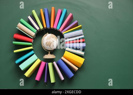 Globo circondato da molti libri colorati su sfondo verde, pianeggiante. Spazio per il testo Foto Stock