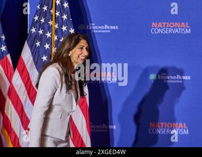 Washington DC, Stati Uniti. Washington DC, Washington DC, USA. 8 luglio 2024. L'ex segretaria degli interni del Regno Unito, Suella Braverman parla alla National Conservative Conference di Washington, DC, lunedì 8 luglio 2024. Crediti: ZUMA Press, Inc./Alamy Live News Foto Stock