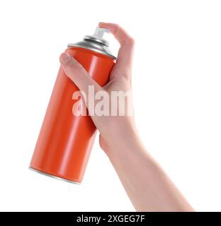 Uomo con lattina di vernice spray su sfondo bianco, primo piano Foto Stock