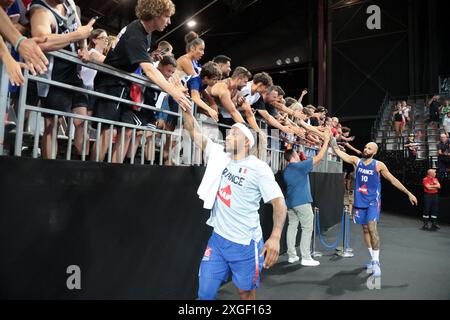 Montpellier, Francia. 8 luglio 2024. Partita amichevole di pallacanestro tra Francia e Germania l'8 luglio 2024 alla Sud de France Arena di Montpellier, in Francia. Foto di Patrick Aventurier/ABACAPRESS. COM credito: Abaca Press/Alamy Live News Foto Stock