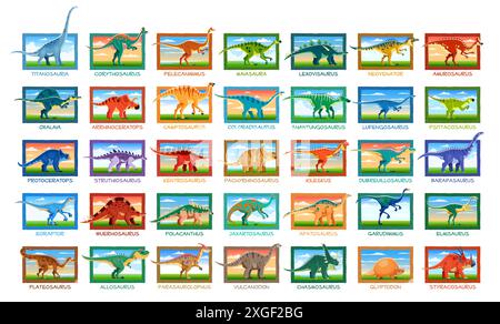 Set vettoriale di dinosauri preistorici. Antichi rettili, dino e creature dell'era mesozoica etichettati con il suo nome di specie. Infografiche paleontologiche educative dell'antico ecosistema estinto Illustrazione Vettoriale