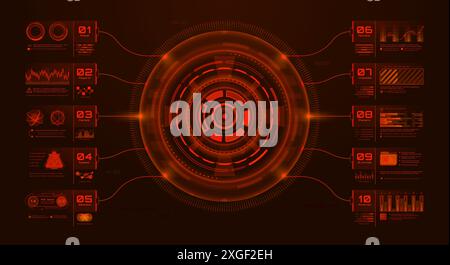 Le infografiche hud rosse, futuristiche vettoriali, l'interfaccia high-tech o il display delle informazioni mostrano un cerchio concentrico rosso luminoso con pannelli circostanti che visualizzano avvisi, dati e icone in stile fantascientifico Illustrazione Vettoriale