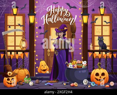 La strega di Halloween del cartone animato sul portico decorato per le vacanze, sfondo vettoriale. Saluto di Halloween per la notte horror e festa con scherzi o scherzi con zucche di buo, gatto nero e dolci mostruosi Illustrazione Vettoriale