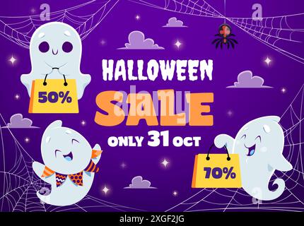 Kawaii fantasmi su banner di vendita di Halloween con ragno e cobweb, sfondo vettoriale dei cartoni animati. Promozione sconti e saldi natalizi di Halloween con spunti divertenti e felici con borse della spesa Illustrazione Vettoriale