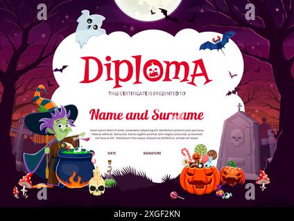 Diploma per bambini di Halloween con strega dei cartoni animati, secchiello dei dolci, fantasma divertente e pipistrello al cimitero dei cartoni animati paesaggio di mezzanotte. Certificato scolastico o dell'asilo, modello di frame di assegnazione vettoriale Illustrazione Vettoriale