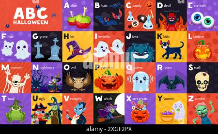 Halloween ABC, tipo bambini o alfabeto festivo per lo studio con caratteri boo, tabella vettoriale. Alfabeto Impara lettere educative con divertenti fantasmi di Halloween, streghe e vampiri, zombie e gatto o ragnatela Illustrazione Vettoriale