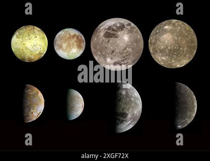 Le lune principali di Giove isolate su sfondo nero. Io, Europa, Ganimede, Callisto. Astronomia scientifica dell'universo Foto Stock