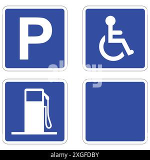 Un cartello blu con il simbolo di una sedia a rotelle bianca e la parola "P" in bianco. Il cartello indica un parcheggio per disabili Illustrazione Vettoriale