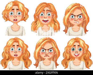 Sei diverse espressioni facciali di una donna Illustrazione Vettoriale