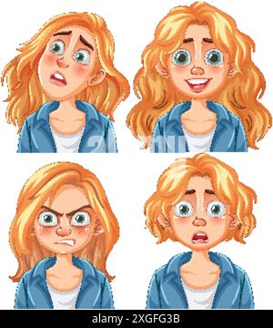 Quattro diverse espressioni facciali di una donna Illustrazione Vettoriale