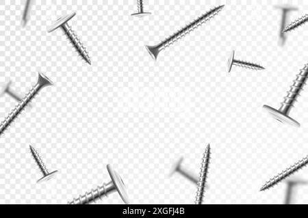 Viti e bulloni in metallo volante, isolati su sfondo trasparente. Molte viti argentate che cadono. ?istruzioni, strumenti di riparazione. Chiodi in acciaio cromato, grigio poll Illustrazione Vettoriale