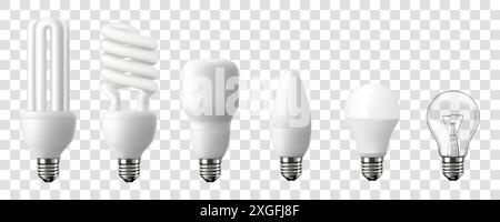 Set di lampadine a risparmio energetico a diodo a emissione luminosa a LED, lampadina economica e lampadina a incandescenza, isolato su sfondo trasparente, V 3d. Illustrazione Vettoriale