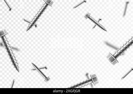 Viti e bulloni in metallo volante, isolati su sfondo trasparente. Molte viti argentate che cadono. ?istruzioni, strumenti di riparazione. Chiodi in acciaio cromato, grigio poll Illustrazione Vettoriale
