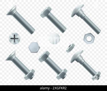 Set di bulloni in acciaio e dadi esagonali isolati su sfondo bianco. Icona realistica di bulloni e dadi in acciaio inox 3D. viti-dadi e bulloni. Il vettore isometrico Illustrazione Vettoriale