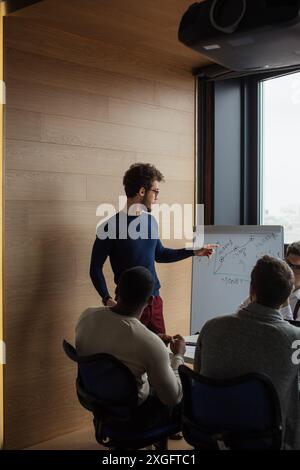 Gruppo di multietnica arhitecture maschio designer di abbigliamento casual riuniti intorno al tavolo in ufficio moderno, il giovane maschio caucasico representi altoparlante Foto Stock