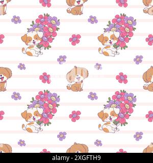 Motivo senza cuciture con cani cartoni animati felici con bouquet di fiori su sfondo a righe bianco-rosa. Illustrazione vettoriale. Cucciolo di animali di carattere natalizio Illustrazione Vettoriale