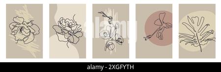 Set di carte minimaliste astratte con una linea continua in fiore Illustrazione Vettoriale