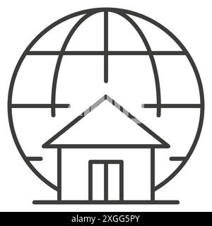 Illustrazione vettoriale dell'icona dell'arte sottile di un'agenzia internazionale immobiliare. Casa di villetta residenziale con costruzione a globo vendita business affitto c Illustrazione Vettoriale