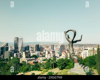 Tbilisi, Georgia - 4 luglio 2024: Veduta aerea della statua della Vittoria e del quartiere Vake. Torri Axis, proprietà cittadine ed edifici commerciali. Capitale di Foto Stock