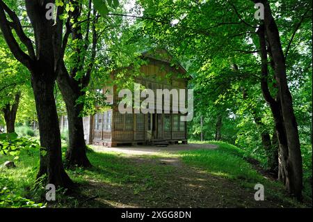 Casa in legno nel villaggio di Krimulda, intorno a Sigulda, Parco Nazionale di Gauja, regione di Vidzeme, Lettonia, regione baltica, Europa Foto Stock