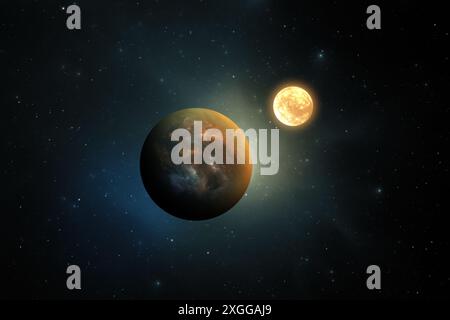 Pianeta fuori dal nostro sistema solare. Esopianeta e sistema esoplanetario, sfondo spaziale. illustrazione 3d. Foto Stock