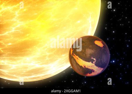 Pianeta fuori dal nostro sistema solare. Esopianeta e sistema esoplanetario, sfondo spaziale. illustrazione 3d. Foto Stock