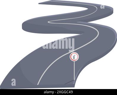 La strada lunga e tortuosa sta svoltando a sinistra e a destra con un segnale di svolta brusca Illustrazione Vettoriale