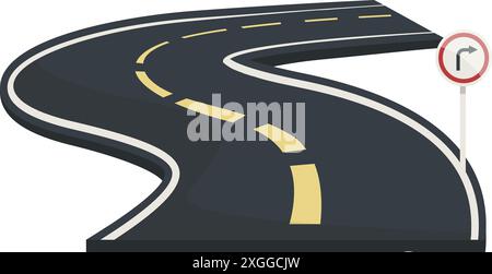 La strada tortuosa sta svoltando a destra con un cartello che indica la svolta Illustrazione Vettoriale