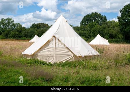 Tende a campana in un campo circondato da alberi nella campagna inglese durante l'estate. Foto Stock