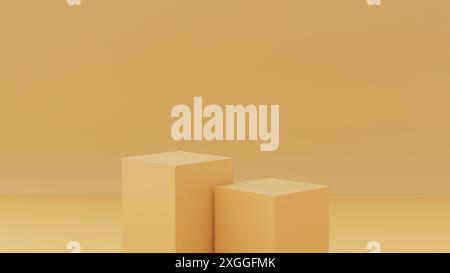 Podi quadrati astratti di colore marrone chiaro. Illustrazione dell'immagine con rendering 3D. Sfondo minimo della scena. Può essere utilizzato per visualizzare articoli o prodotti. Foto Stock
