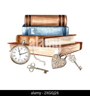 Pile di libri e orologio da tasca su fogli di carta pergamena. Illustrazione ad acquerello disegnata a mano isolata. Conoscenza per tutti. Composizione vintage in Foto Stock