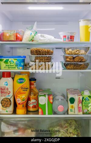 Dieren, Paesi Bassi - 1° luglio 2024: Frigorifero olandese aperto con alimentari freschi come carne vegana, verdure, bevande e salse a Dieren, il ne Foto Stock