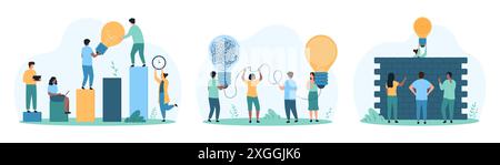 Strategia di raggiungimento degli obiettivi, semplificazione del set di risoluzione dei problemi. Le persone di piccole dimensioni realizzano l'implementazione dell'idea attraverso gli ostacoli, svelano il nodo delle attività all'interno delle lampadine dell'illustrazione vettoriale dei cartoni animati Illustrazione Vettoriale