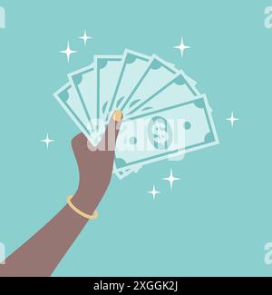 La mano di una donna nera regge banconote da un dollaro su sfondo verde. Illustrazione vettoriale in stile piatto Illustrazione Vettoriale
