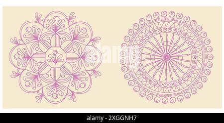 Set di mandalas vegetali e geometriche su sfondo colorato. Immagine a colori di un disegno rotondo su uno sfondo a colori con elementi ripetuti Foto Stock