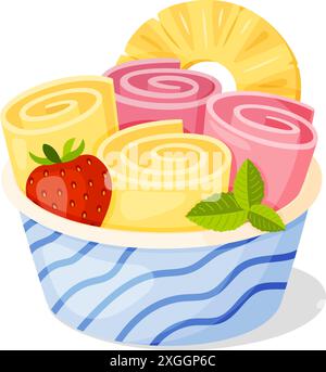 Rotoli di gelato nel cestello di carta. Gelato con panini rosa e gialli, dessert alle fragole e all'ananas, snack dolce con frutta. Panini di gelato thailandesi con. Illustrazione vettoriale isolata disegnata a mano e piatta Illustrazione Vettoriale