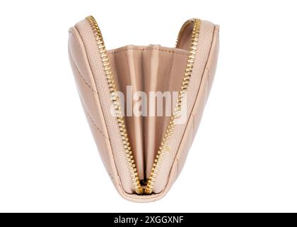 Portafoglio aperto in pelle beige con zip oro Foto Stock