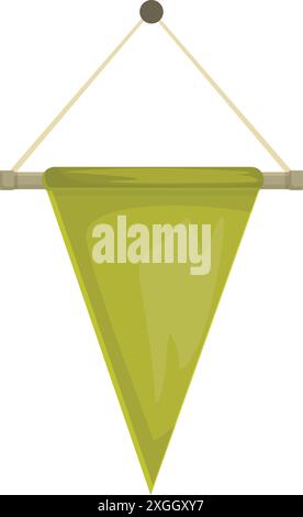 Il pennant verde appeso a un bastone di legno si sta sviluppando nel vento, isolato su sfondo bianco Illustrazione Vettoriale
