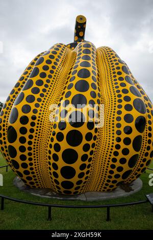 Londra, Regno Unito, 9 luglio 2024, Una nuova scultura su larga scala dell'artista giapponese Yayoi Kusama è stata inaugurata vicino al Round Pond nei Kensington Gardens. Sarà in mostra fino al 3 novembre 2024. È un ritorno al Serpentine per Kusama dopo aver avuto una mostra retrospettiva nel 2000., Andrew Lalchan Photography/Alamy Live News Foto Stock