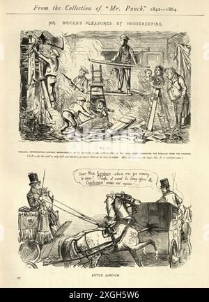 Fumetto illustrativo vintage di John Leech, Pleasures of Housekeeping and Bitter Sarcasm, Victorian Humor, metà del XIX secolo Foto Stock