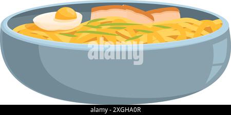 Una deliziosa ciotola di noodle di ramen viene servita con maiale, uova e cipolle verdi Illustrazione Vettoriale