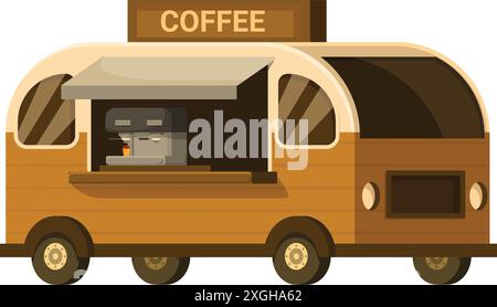 Il camion del caffè in stile retrò che vende caffè da asporto è parcheggiato in strada Illustrazione Vettoriale