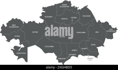 Mappa vettoriale del Kazakistan con regioni, città indipendenti e divisioni amministrative. Livelli modificabili ed etichettati in modo chiaro. Illustrazione Vettoriale
