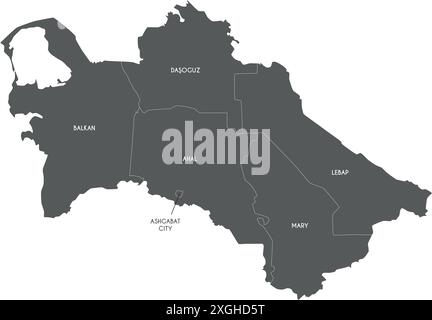 Mappa regionale vettoriale del Turkmenistan con province, distretto della capitale e divisioni amministrative. Livelli modificabili ed etichettati in modo chiaro. Illustrazione Vettoriale