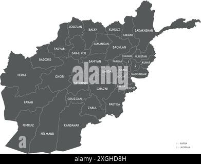 Mappa regionale vettoriale dell'Afghanistan con province o territori e divisioni amministrative. Livelli modificabili ed etichettati in modo chiaro. Illustrazione Vettoriale