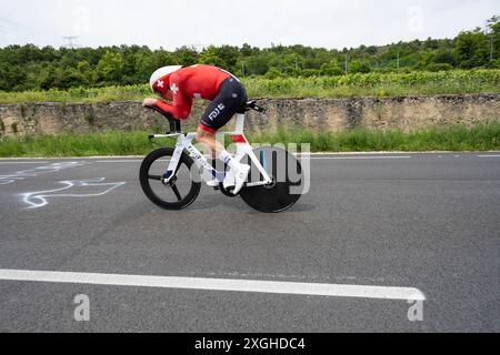 Stefan Küng, Groupama-FDJ, 2024 Tour de france tappa 7 orario da Nuits-Saint-Georges a Gevrey-Chambertin, Borgogna, Francia. Foto Stock