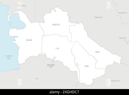 Mappa regionale vettoriale del Turkmenistan con province, distretto della capitale e divisioni amministrative e paesi e territori vicini. Ed Illustrazione Vettoriale