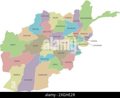 Mappa regionale vettoriale dell'Afghanistan con province o territori e divisioni amministrative. Livelli modificabili ed etichettati in modo chiaro. Illustrazione Vettoriale